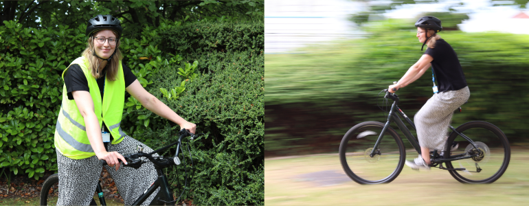 Jaimee Wylam smiling while stood over a bike (left), Jaimee Wylam riding a bike with the background blurred from motion (right(